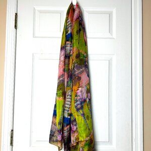 Rare Vintage Women's Silk Scarf Featuring Historical Buildings
